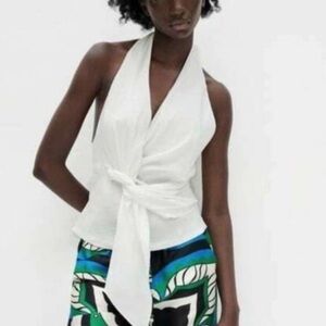 NWT. Zara Linen Blend Off White Ruched Halter Top Blouse